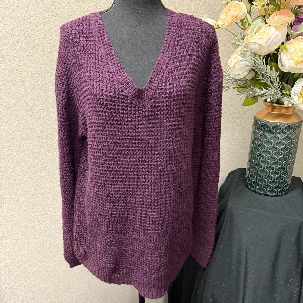Zenana Outfitters Plum Purple Waffle Knit V-Neck Oversized Sweater Large Cozy - Picture 1 of 8
